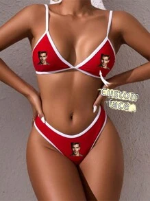2 piezas de traje de baño ajustado de unicolor sexy y cómodo con imagen de perfil personalizada de una dama navideña, colorido, lindo, adorable, contenido, divertido, personalizado, único, personalizado, regalo ideal para él, novio, novia, familia, amigos, abuelos, niños, ella