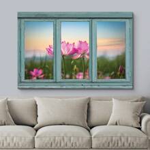 1PC With Frame - Vintage Blue-Green Window Looking Out To A Lotus Field - Canvas Art Home Art - Suitable For Bedroom Living Room Dining Room Bathroom Study Office Apartment Coffee Shop Hotel Nursery Wall Decoration