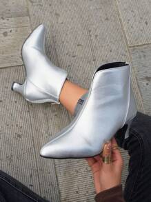 Giày bốt cổ ngắn thời trang Giáng sinh 2024 dành cho nữ, giày bốt ngắn ôm chân, gót vừa, giày cao gót màu bạc, giày bốt màu bạc, giày bốt màu vàng, giày Giáng sinh - Bạc - Xem 2