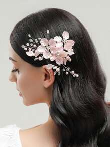 1 pieza Accesorio para el cabello con clip de tono dorado y flor rosa con cristales, accesorio para el cabello de boda, accesorio del Día de San Valentín - Rosa - Ver 4