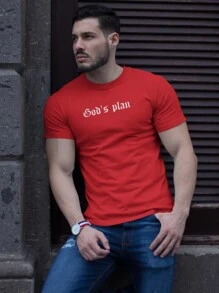 Men's Gods Plan Printed T-Shirt Cotton Tshirt Shirt - 紅色 - 查看 1