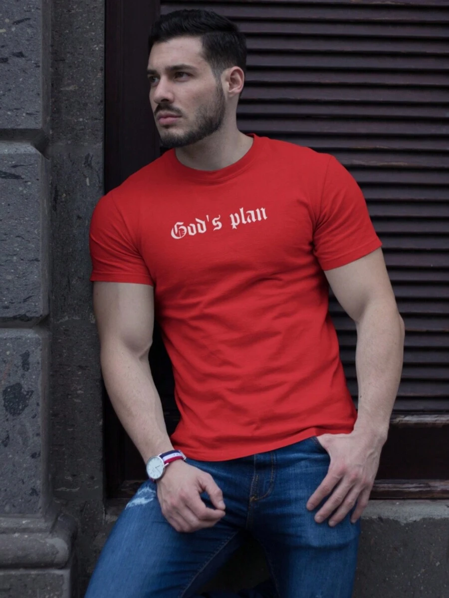 Men's Gods Plan Printed T-Shirt Cotton Tshirt Shirt - 紅色 - 查看 1