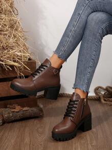 Giày bốt nữ mới mùa thu đông, bốt da cao gót vừa phải, bốt cổ ngắn dày dặn, bốt thời trang đa năng dành cho nữ. - màu nâu - Xem 1