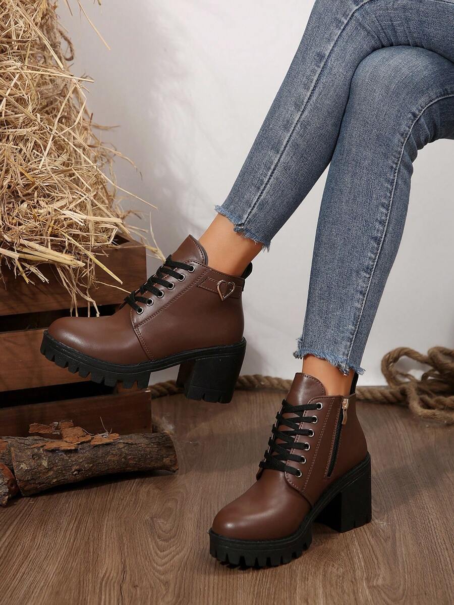 Giày bốt nữ mới mùa thu đông, bốt da cao gót vừa phải, bốt cổ ngắn dày dặn, bốt thời trang đa năng dành cho nữ. - màu nâu - Xem 1