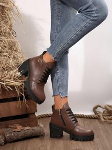 Giày bốt nữ mới mùa thu đông, bốt da cao gót vừa phải, bốt cổ ngắn dày dặn, bốt thời trang đa năng dành cho nữ. - màu nâu - Xem 3