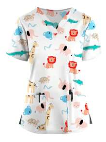 Cartoon Cute Print V-Neck Short Sleeve Nurse Uniform Tee Shirt - Multicolor - View 1