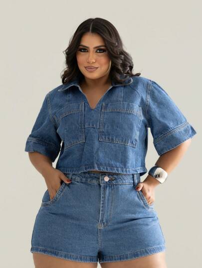 Short Jeans Plus Size Liso Barra Feita e Cropped Conjunto