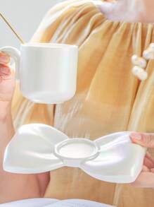Set de 3 tazas de café y platitos de cerámica con diseño creativo de abalorios chapados de colores y moños