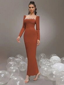 新款重工水鑽裝飾長袖方領貼身長版繃帶式女款正式婚禮宴會晚禮服 - 咖啡棕 - 查看 4