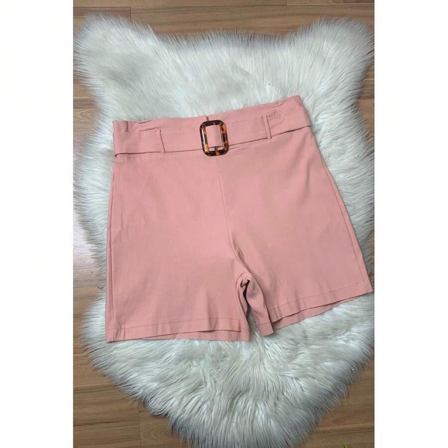 Bengaline Women's Plus Size High Waist Buckle Shorts Without Pockets - 乾枯玫瑰色 - 查看 1