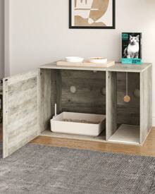 HEXCELEN Caja De Arena Para Gatos Con Puerta De Ratán, Muebles De Caja De Arena Oculta Estilo Boho, Mesa Auxiliar De Madera Para Casa De Mascotas, Sala De Estar, Dormitorio - Xám - Xem 3