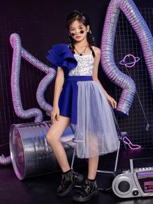 Conjunto de pasarela de estilo Kpop para niña preadolescente, vestido de fiesta de cumpleaños de desfile de moda de modelo de pasarela para niña, vestido de baile de jazz para niña preadolescente (LL0017) - azul real - Ver 4