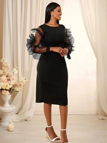 Đầm dự tiệc bó sát lưới tương phản cho nữ, Đầm dạ hội cocktail bán trang trọng dài tay thanh lịch, Dự tiệc sinh nhật, Khách dự tiệc cưới, Tốt nghiệp, Tiệc tối, Dạ hội - màu đen - Xem 5