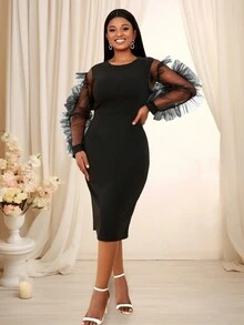 Đầm dự tiệc bó sát lưới tương phản cho nữ, Đầm dạ hội cocktail bán trang trọng dài tay thanh lịch, Dự tiệc sinh nhật, Khách dự tiệc cưới, Tốt nghiệp, Tiệc tối, Dạ hội - màu đen - Xem 7