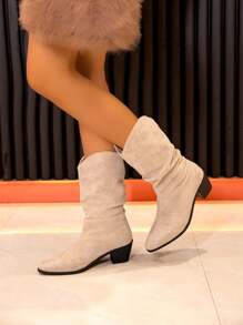 Giày bốt cổ cao đa năng cổ điển mùa thu cho nữ, mũi nhọn, gót dày, chất liệu da lộn - Màu be - Xem 5