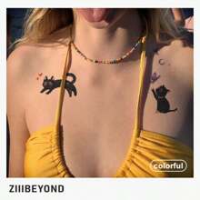 1 套 2 件无水即时纹身贴纸，幸福猫窝图案，彩色防水可爱卡通动物，适合女性 - 彩色 - 查看 5