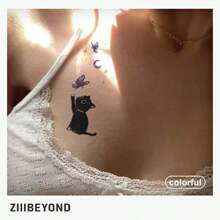 1 套 2 件无水即时纹身贴纸，幸福猫窝图案，彩色防水可爱卡通动物，适合女性 - 彩色 - 查看 4