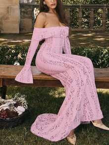 Street Sexy Lace Cutout Off Shoulder Tie-Up Long Sleeve Mermaid Bodycon Dress - Pink - View 5