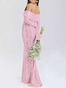 Street Sexy Lace Cutout Off Shoulder Tie-Up Long Sleeve Mermaid Bodycon Dress - Pink - View 4