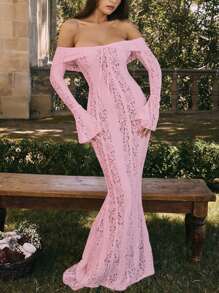 Street Sexy Lace Cutout Off Shoulder Tie-Up Long Sleeve Mermaid Bodycon Dress - Pink - View 3