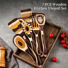 WOSPONFAN 7-Piece Brown Pakkawood Utensils Set – Sturdy, Wooden Spoons For Cooking, Wooden Utensil For Cooking, Wooden Kitchen Tool, Home & Kitchen Gifts For Men And Women ﻿ - Brown - View 1