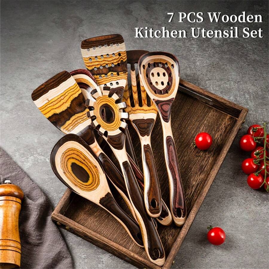 WOSPONFAN 7-Piece Brown Pakkawood Utensils Set – Sturdy, Wooden Spoons For Cooking, Wooden Utensil For Cooking, Wooden Kitchen Tool, Home & Kitchen Gifts For Men And Women ﻿ - Brown - View 1