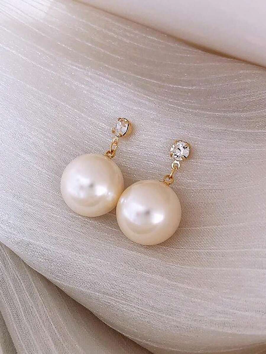 1 对人造珍珠耳环，复古简约优雅时尚耳环，高品质美学 - 金色 - 查看 1