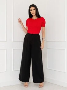 Imported Solid Color Knitted Short Sleeves For Women, Elastic, Comfortable Fabric, Ultra-High Elasticity, Small Round Neck, Regular Sleeves, Special Small Fold Design, Model Number Is DY4123 - 紅色 - 查看 2