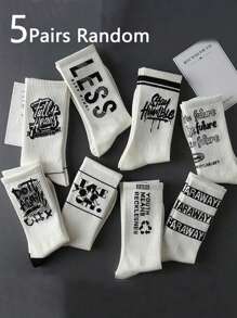 Multiple Pairs Grunge Punk Unisex Letter & Striped Pattern Crew Socks, Soft & Comfortable, Moisture-Wicking, Fashionable & Fun Crew Socks, Suitable For Mother's Day, Autumn, Fall