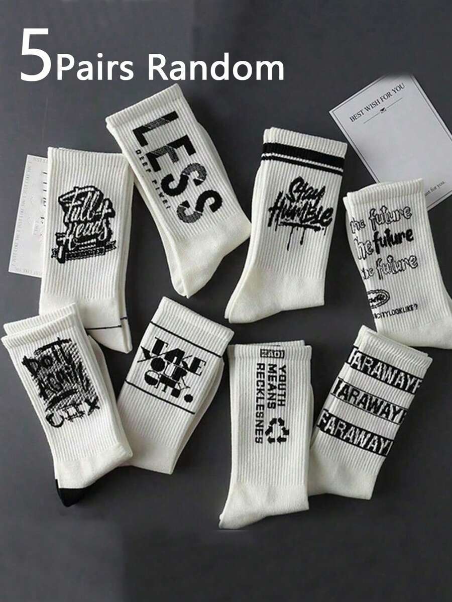 Multiple Pairs Grunge Punk Unisex Letter & Striped Pattern Crew Socks, Soft & Comfortable, Moisture-Wicking, Fashionable & Fun Crew Socks, Suitable For Mother's Day, Autumn, Fall
