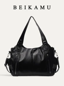 1 件优质 PU 面料 BEIKAMU 大容量手提包，纯色百搭多拉链口袋单肩包，复古风格可调节斜挎包，适合通勤和外出 - 黑色 - 查看 1