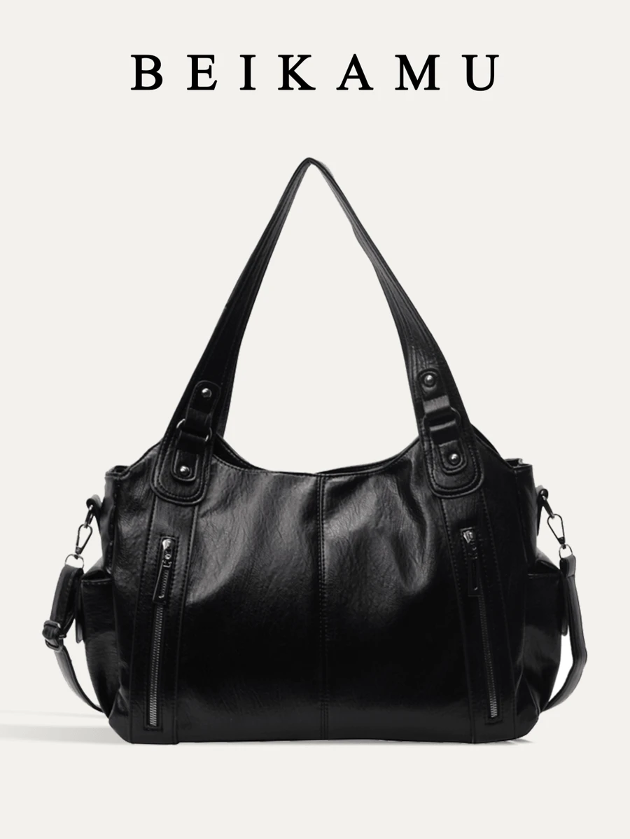 1 件优质 PU 面料 BEIKAMU 大容量手提包，纯色百搭多拉链口袋单肩包，复古风格可调节斜挎包，适合通勤和外出 - 黑色 - 查看 1