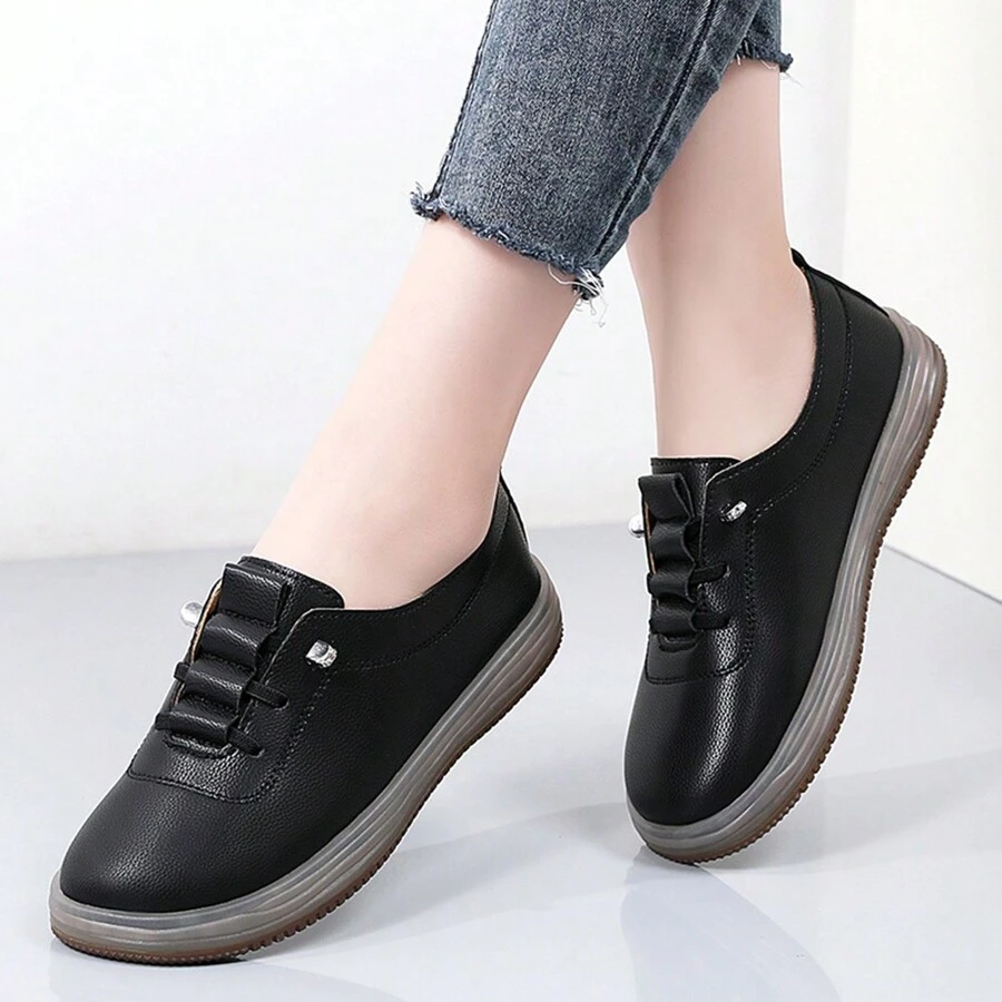 女士软底防滑防水纯色厨师鞋，黑色平底乐福鞋