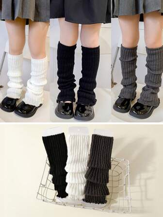 3 Pairs Kids & Teenagers Knitted Leg Warmers, Fashionable Solid Color Leg Warmers, Suitable For School Uniforms And Everyday Wear