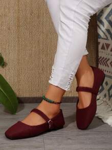 2025 Autumn French Retro Flat Shoes With, Fairy Style Grandma Shoes, Low Vamp Square Toe Flats, Spring New Arrival - Burgundy - View 3