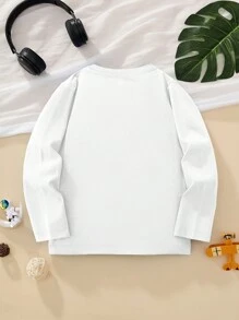 Young Boy Long Sleeve  Casual T-Shirt Top With Cartoon Excavator Print, Fashionable Autumn/Winter Graphic Tee - White - View 2