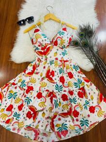 Belala Moda New Dress With Adjustable String Tied At The Back And With Print Ice Cream Harvesting Material - 奶油色 - 查看 3
