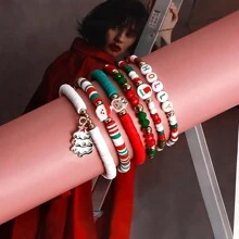 6 件装可爱圣诞手链、字母手链、麋鹿圣诞老人圣诞树手链、节日手链、珠宝礼品、圣诞礼物，适合女性、女友、同事、青少年作为派对礼物，优雅的可堆叠手链套装，波西米亚风格手串，适合圣诞礼物 - 无羽毛，季节性派对珠宝配饰，圣诞节 - 彩色 - 查看 3