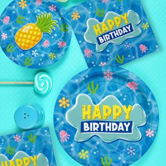 24/72pcs Pineapple Undersea Theme Party Tableware Set, Includes Sponge, Pineapple, Jellyfish, Happy Birthday, Seaweed, Undersea World, Party Decorations, 7in 9in Plates, Disposable Napkins, Suitable For Birthday, Anniversary, Meeting, Decoration Plates, Party Supplies