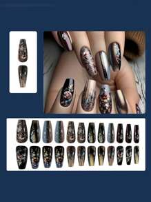 24 Peças Unhas Postiças de Balé Médio-Longas Brilhantes, Design Floral Cinza Retrô de Cor Quente de Inverno, Adequado Para Decoração de Arte de Unhas Feminina, Inclui 1 Peça de Gel Gelatina e Bloco Lixa de Unhas Unhas Coladas