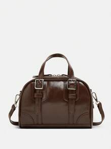 女士时尚枕形手提包，配有可调节肩带，时尚保龄球包风格斜挎包，配有带扣装饰，适合购物、约会、拍照、日常使用 - 咖啡棕 - 查看 5