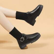 舒适厚底踝靴，时尚侧拉链靴，多用途摩托车靴，系带，粗跟，时尚秋冬鞋 - 黑色 - 查看 2