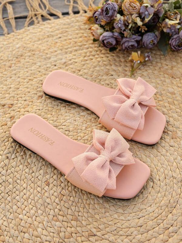 New Design Pink Ladies Sandals, Fashionable & Cute Lightweight Bow Decor Square Toe Flat Shoes, Fabric Material, Suitable For Students, Daily Life & Party Valentines