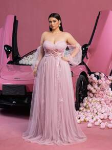 Faeriesty Plus Applique Embellished Off Shoulder Sheer Lantern Sleeves Tulle Prom Dress, Party Dress, Wedding Guest Dress - Pink - View 4