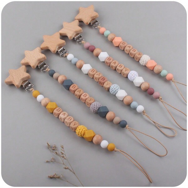 1 pieza Nuevo Clips de estrella de 5 puntas de madera de haya para niños con cadena antiabandono, accesorio creativo para joyería hecha a mano con cuentas de silicona de colores de madera de haya y ganchillo para niños