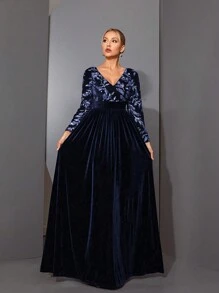 Mgracy V-Neck Glittering Sequin Embellished Waist Ruched Long Sleeve Velvet Dress, Party Dress, Wedding Guest Dress, Prom Dress - Royal Blue - View 1