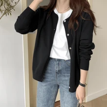 Cárdigan de punto para mujer, cárdigan con botones de color sólido para primavera y otoño, suéter de punto con cuello redondo - Negro - Ver 2