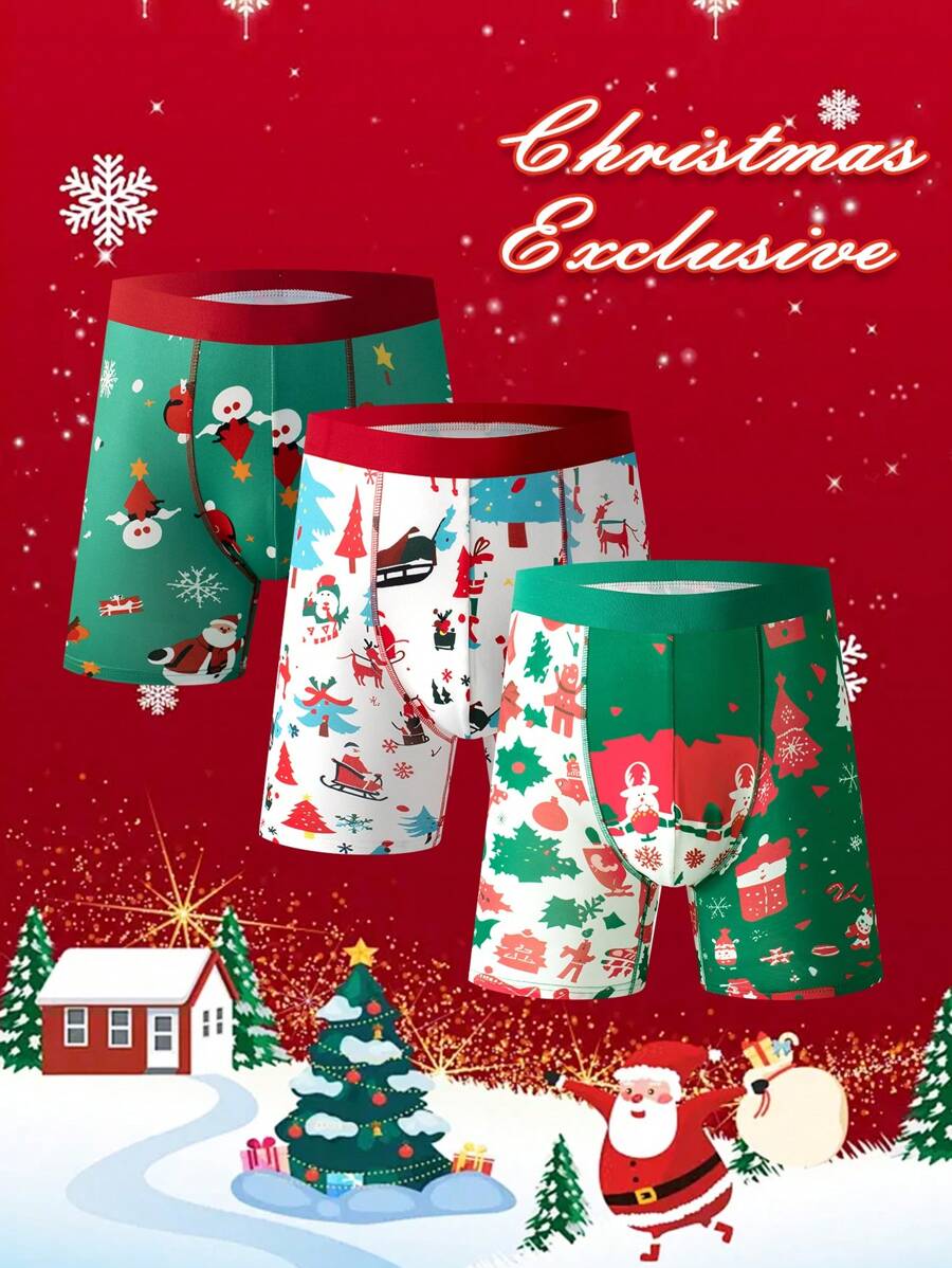 3条装男士雪花鹿印花三角裤，圣诞帽圣诞树装饰弹力中腰长款平角裤 - 彩色 - 查看 1