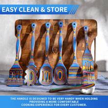 WOSPONFAN Wooden Spoons For Cooking, Kitchen Utensils Set, Pakkawood Kitchen Cooking Utensils Set, Apartment Essentials Wood Serving Spatula Spoon, Salad Tongs, Home & Kitchen Gift For Women - 藍色 - 查看 7