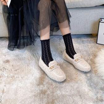 Women's Flat Shoes With Fur Lining, Warm Thickened Casual Brown Slip-On Loafers With Chain Decor, For Winter